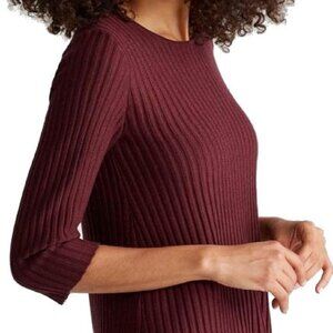 New! EILEEN FISHER S Claret Fine Merino Ribbed Sweater 100% Merino Wool 3/4 Slv